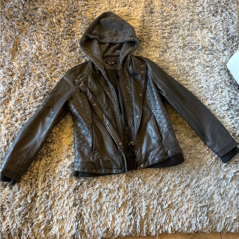 Women's Black Leather Jacket with Hood